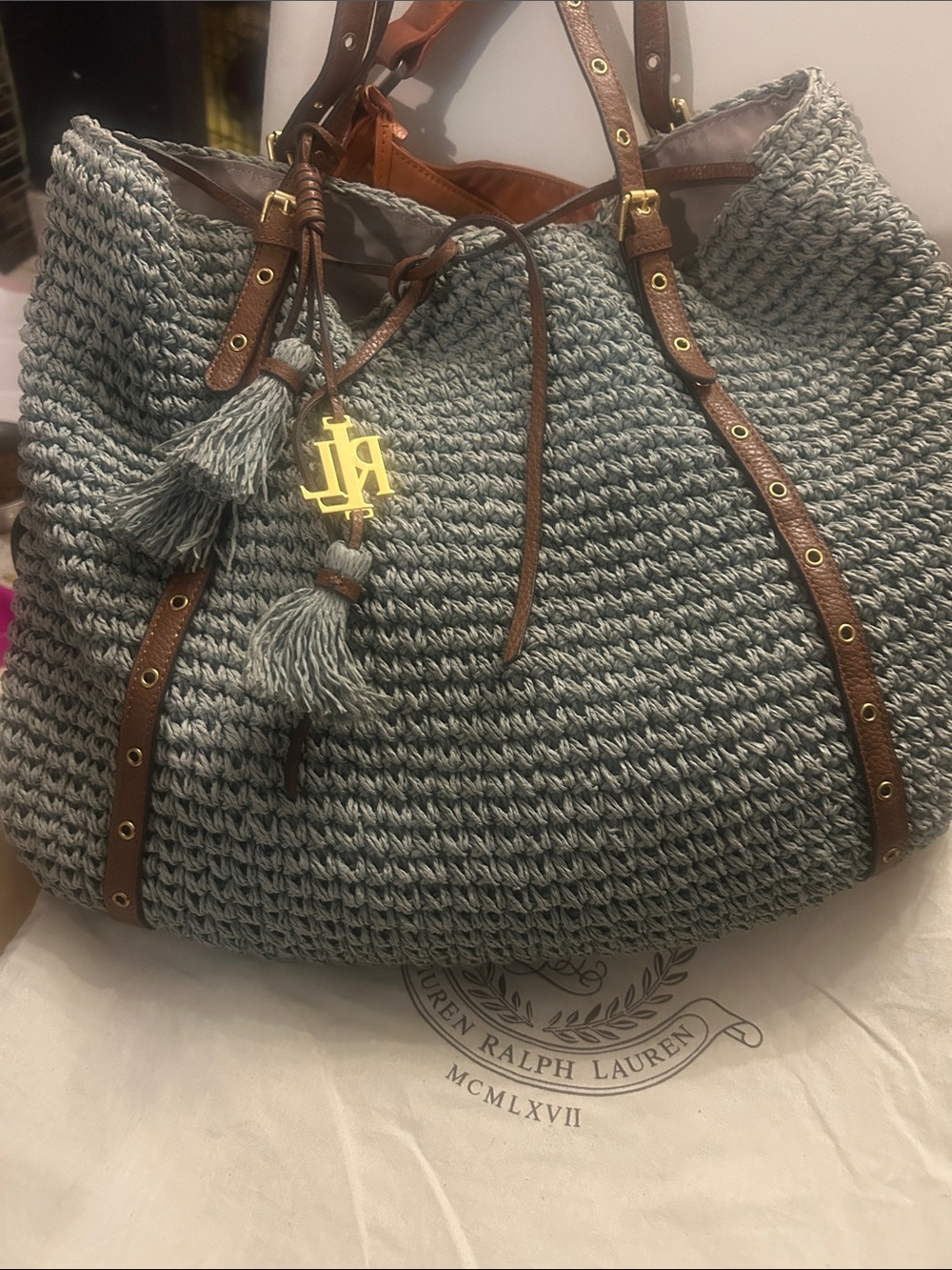 Ralph Lauren Gray Woven Tote with Brown Leather Straps & Gold Charm